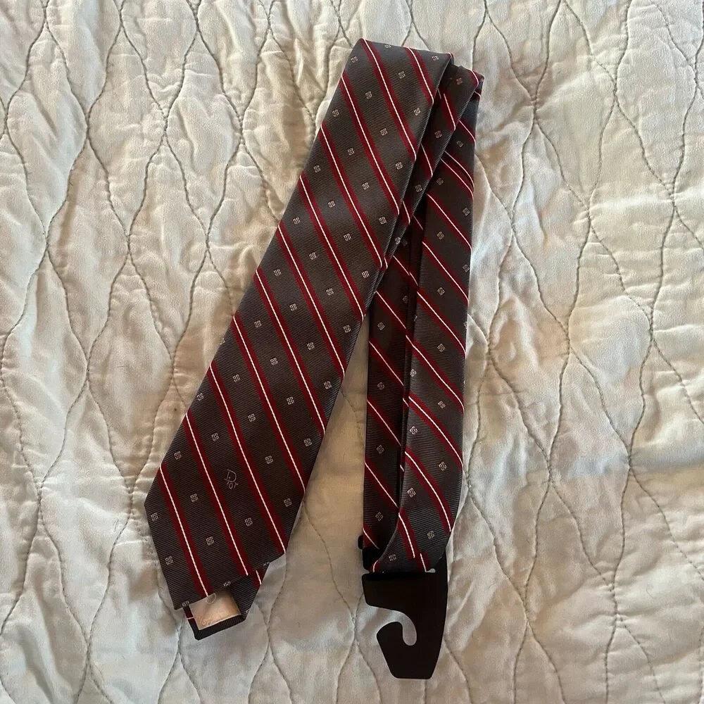 Christian Dior Paris New York 100% Silk Neck Tie Red Pewter Diagonal Stripe EUC